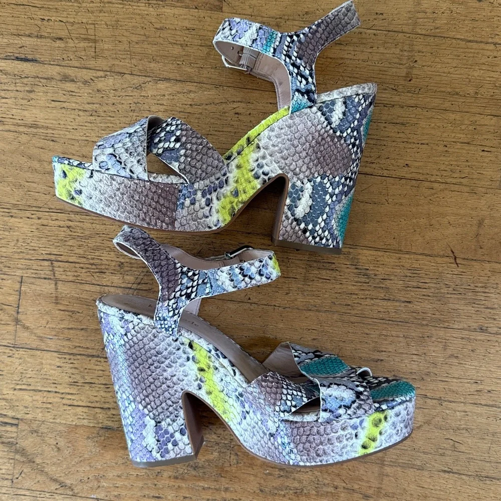 Kate Spade Snake-Print Platform Sandals in Neon Teal and Yellow